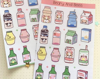 Asian Drinks Sticker Sheet | Yogurt and Milk Sticker | Shiba, Corgi, Frog, & Cow Stickers | Gift for Bullet Journal, Planners, Scrapbooking
