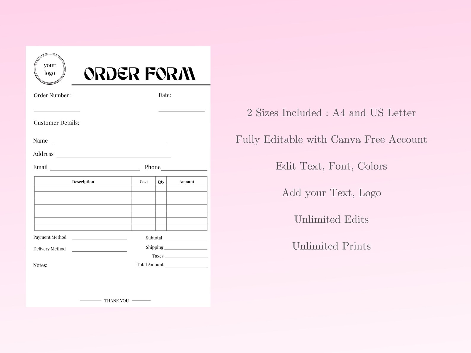 Editable Order Form Template, Printable Small Business Order Form ...