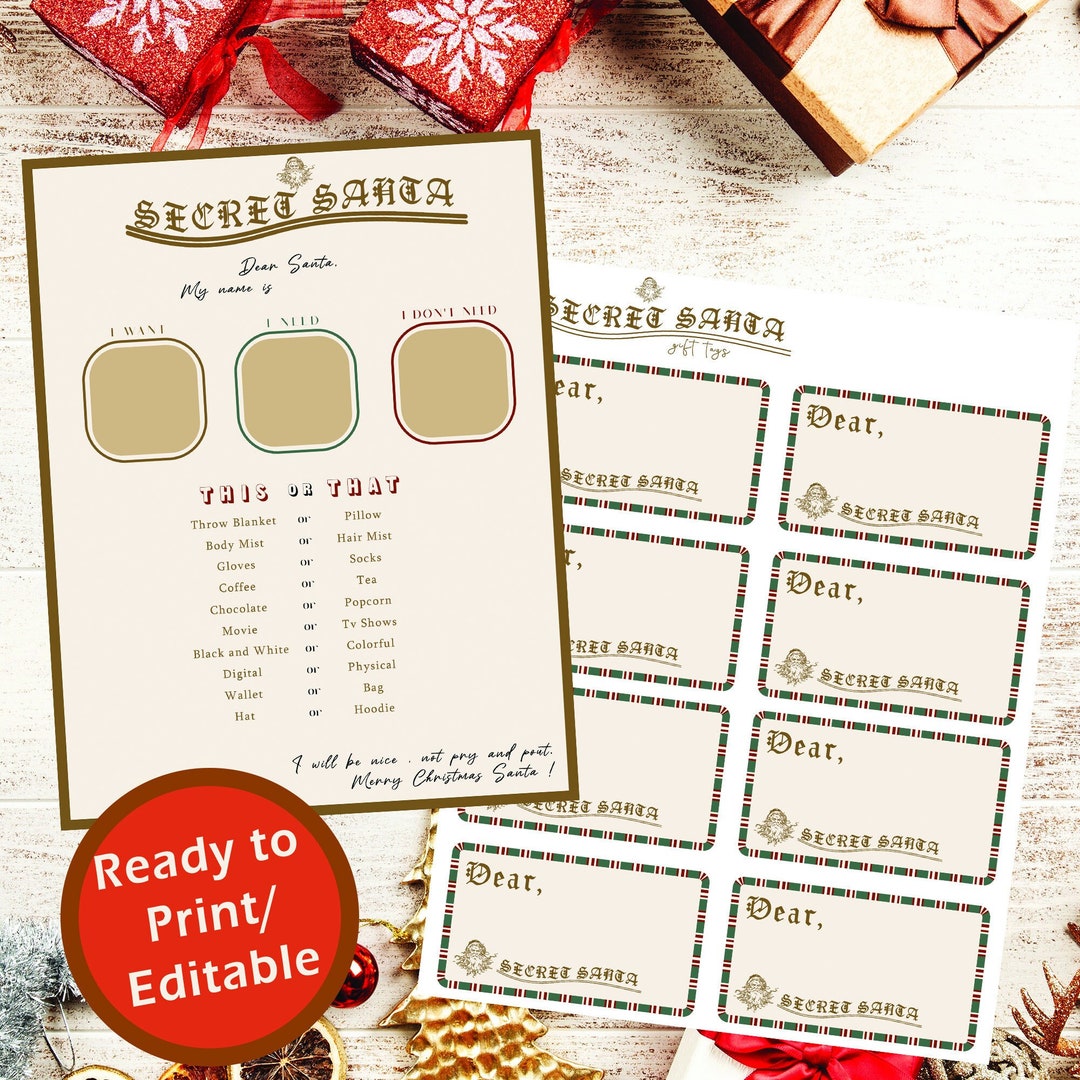 Secret Santa Gift Exchange Printables Digital , Print-ready and ...