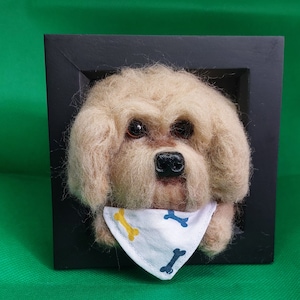 Puede incluir: Un retrato de perro de fieltro de aguja en un marco negro. El perro es de color marrón claro con una bandana blanca con diseños de huesos azules y amarillos.