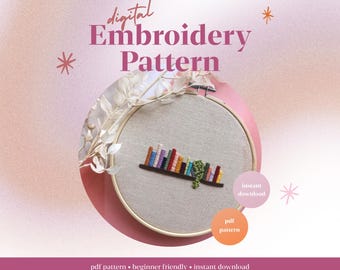 Bookshelf Embroidery Pattern | Beginner Satin Stitch, French Knots (PDF Download)