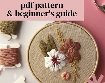 Roze anemoon bloemen hand borduurwerk PDF patroon | Bloemenromantische collectie | Beginnersinstructies | Digitaal downloaden