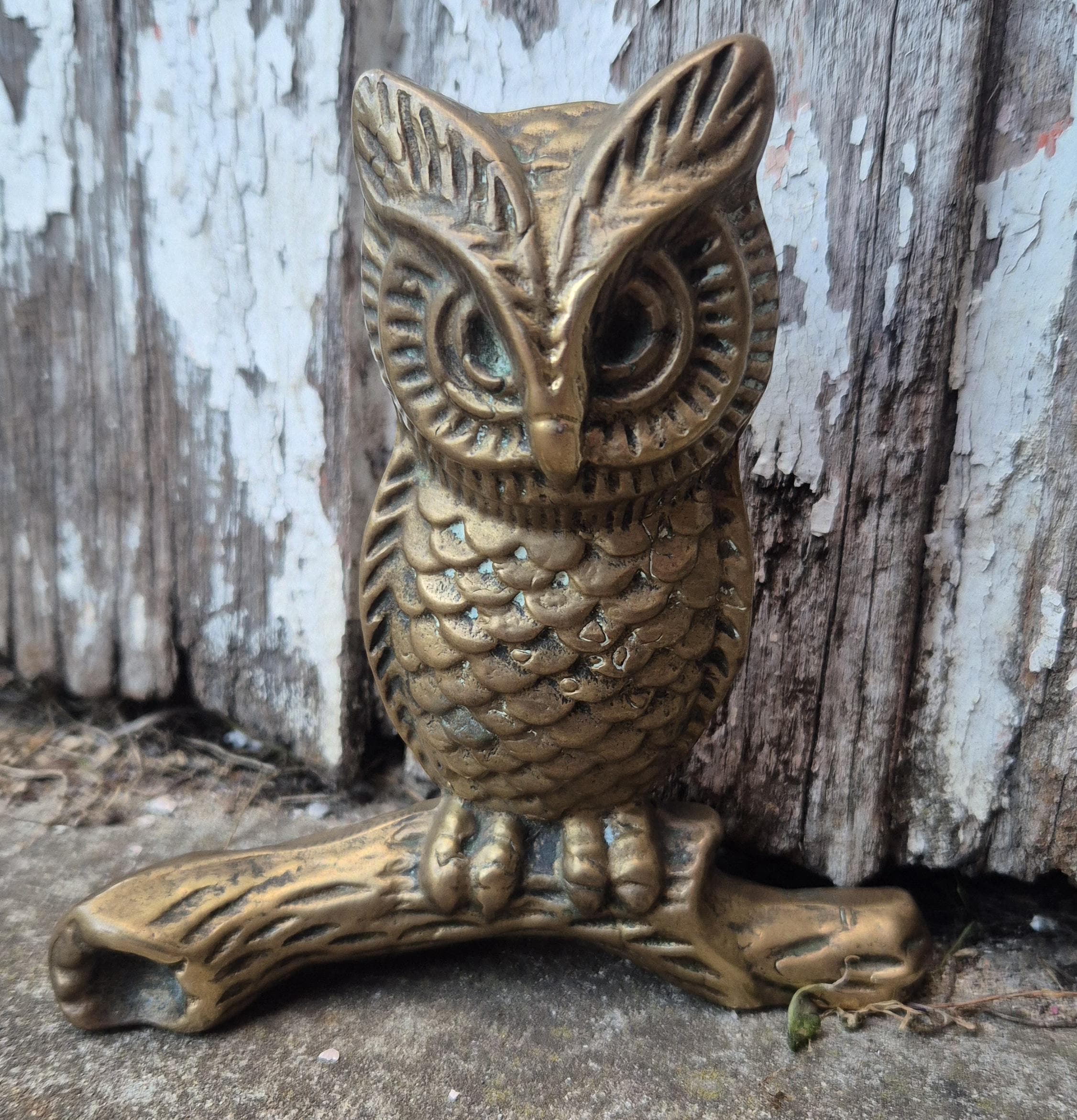 Vintage Brass Owl Figurine on Branch 15cm