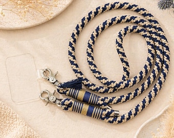 Rope phone chain. Dark blue, gold, silver.