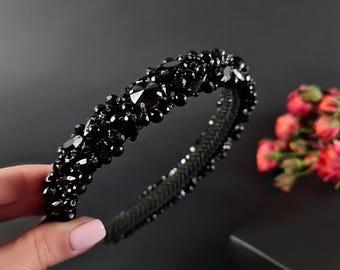 Crystal Headband Boutique New 
Elegant Black Beaded Headband Sparkling Crystal Headband for Women - Elegant Rhinestone  main image 2