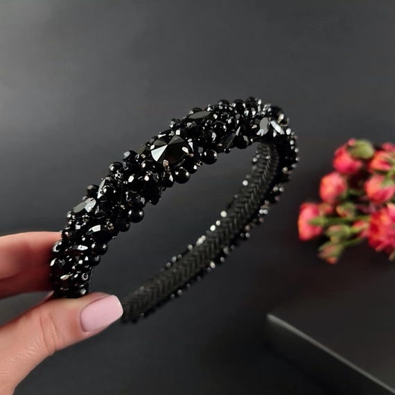 Black beaded statement headband Black Sparkly Headband Beaded Headband | Black Headband  main image 4