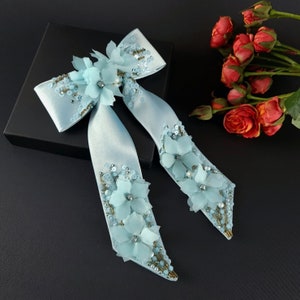Teal Silk Satin Hair Bow: Floral Embellished Barrette