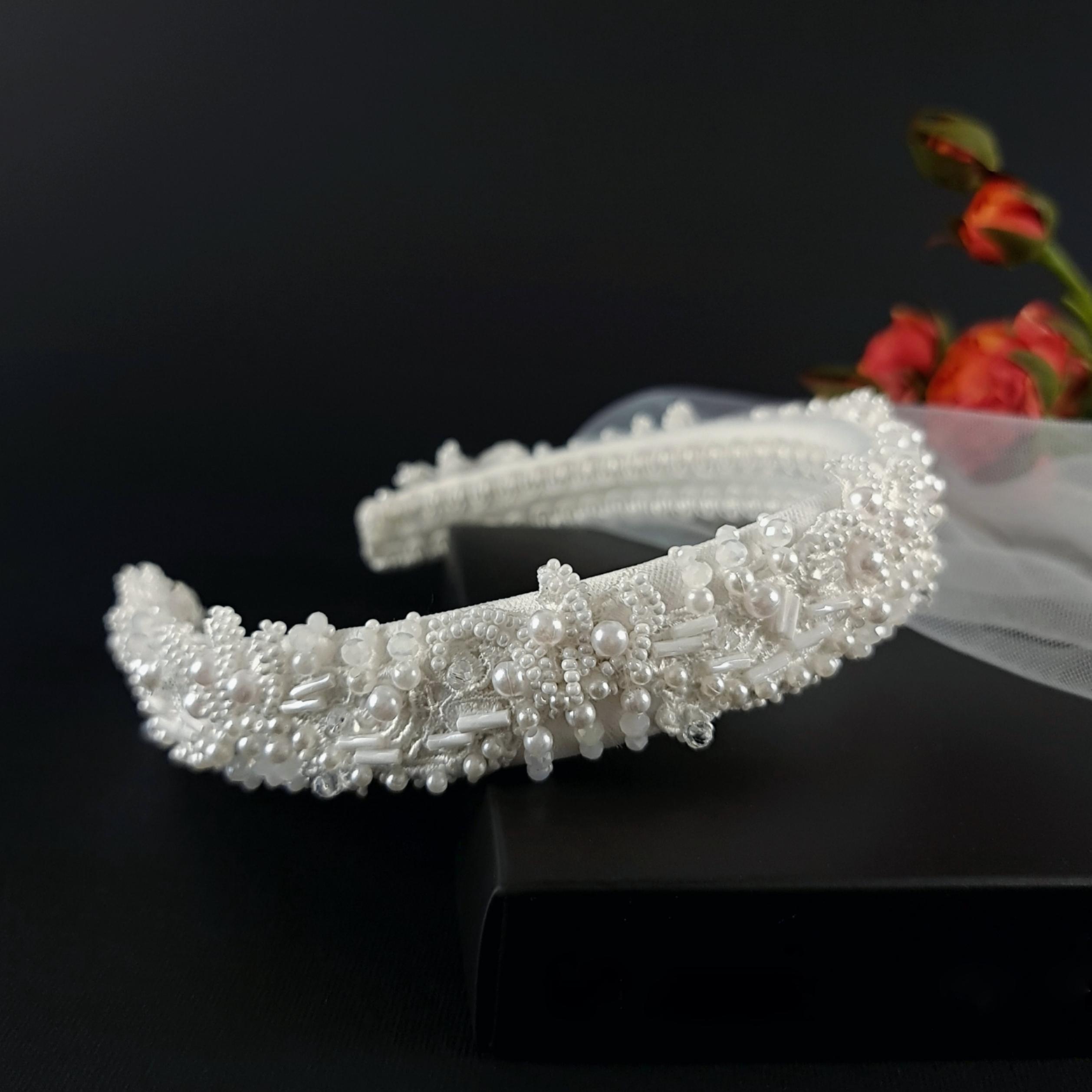 Beaded Pearl Tiara Headband with Tulle Headband face veil with pearls - Pearl adorned tulle  main image 3