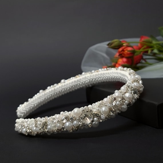 Embellished White Pearl & Crystal Headband Amazon.com : mokkia Crystal Pearl Knotted Headbands for  main image 4
