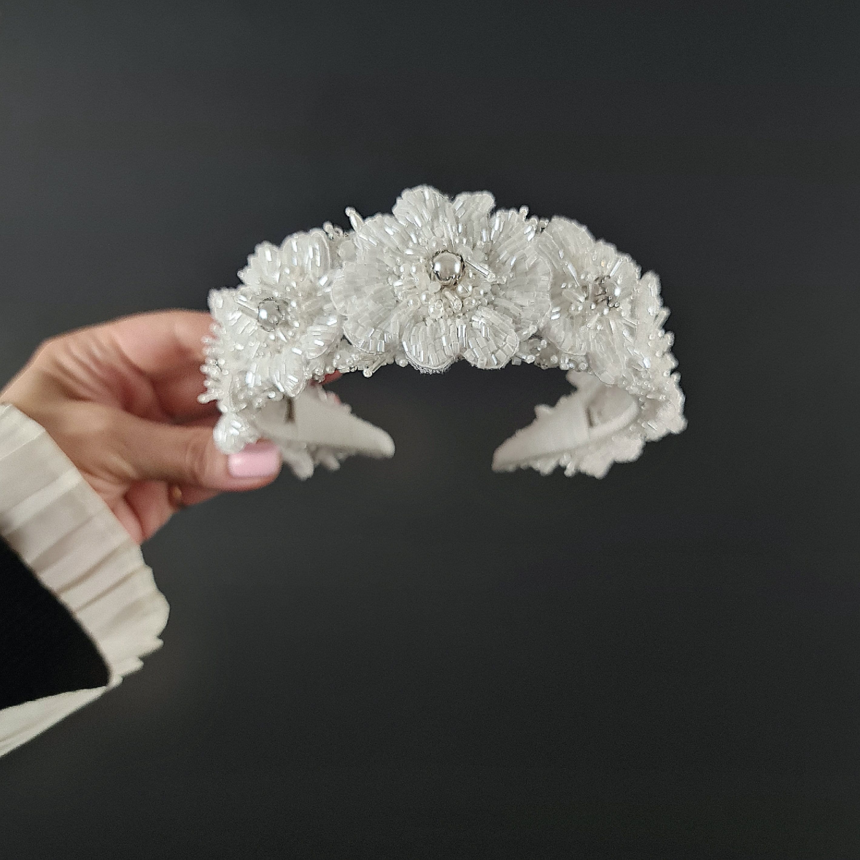 Bridal Beaded Floral White Crown Base Headband Frame EUC Bridal Headband Headpiece BRITTANY Pearl Headband | EDEN  main image 3