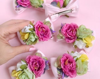 Pink bow hairpin with flowers and rhinestone Girl's hair accessories Flowers bow hair clip