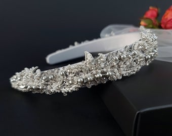 Braided Crystal Headband - White Sparkle White Crystal Bead Headband: Padded Sparkle Wedding Hairband  main image 3