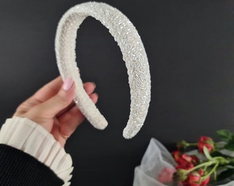 White Crystal Bead Headband: Padded Sparkle Wedding Hairband  display picture 2