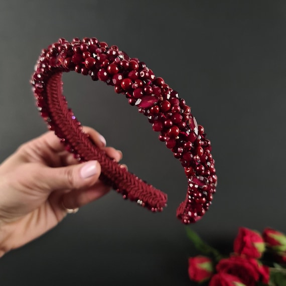 Burgundy Beaded Headband Crystal Wedding Hair Accessory - Etsy display picture 3