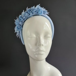 Blue silk flower headband Bridal headpiece Fascinator headband light blue Padded headband with silk blue flowers Handmade floral headband