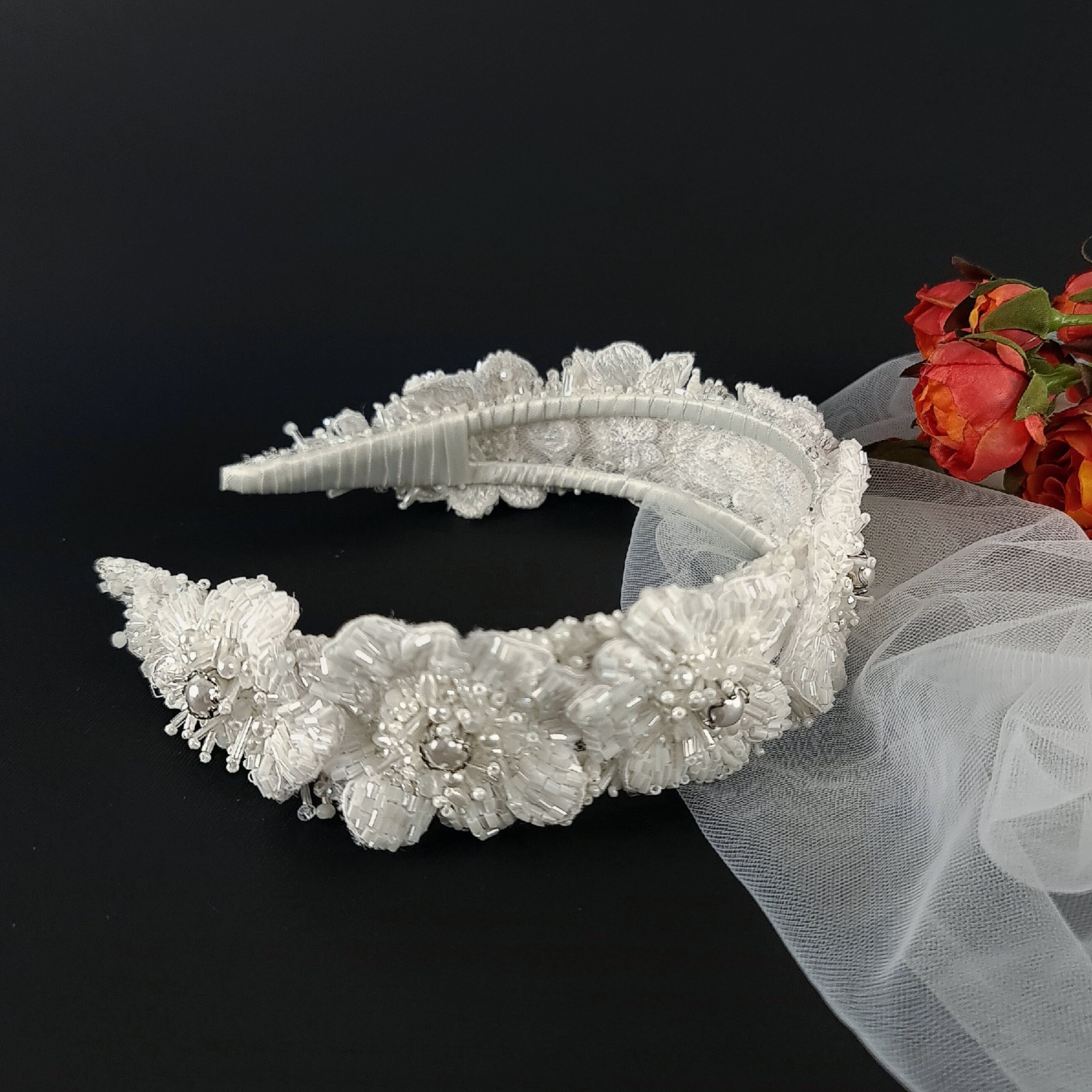 White Lace Bridal Headband: Beaded Flower Crown Wedding 