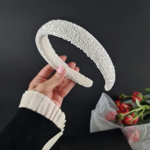 White Beaded Bridal Headband Czech Crystal Wedding Hair  display picture 3