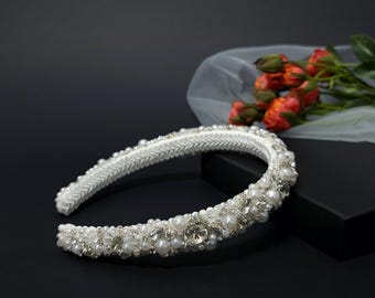 White Crystal Bead Headband: Padded Sparkle Wedding Hairband  display picture 3