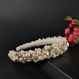 Ivory Pearl Bridal Headband: Rhinestone Embellished Wedding Crown