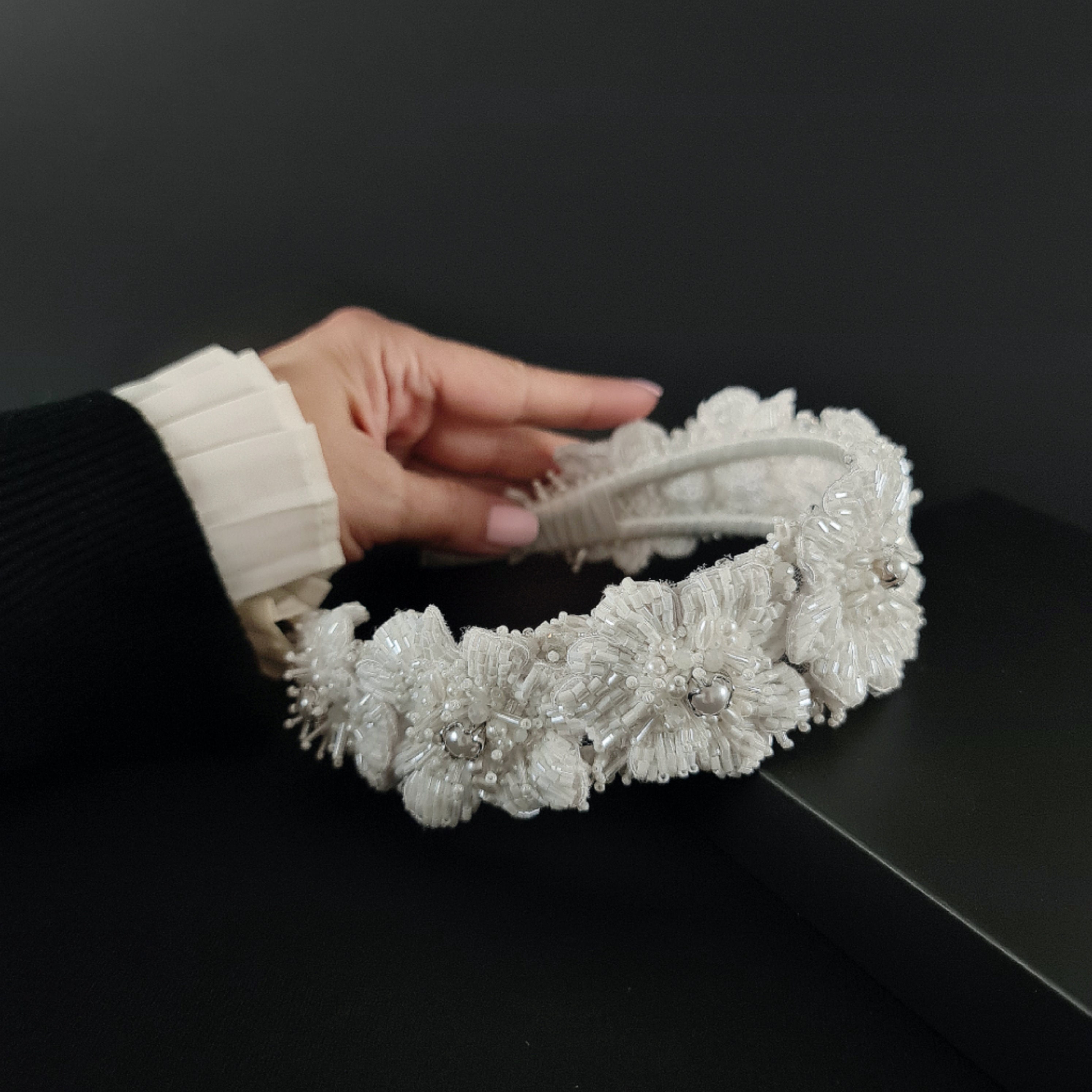 Bridal Beaded Floral White Crown Base Headband Frame EUC Bridal Headband Headpiece BRITTANY Pearl Headband | EDEN  main image 2