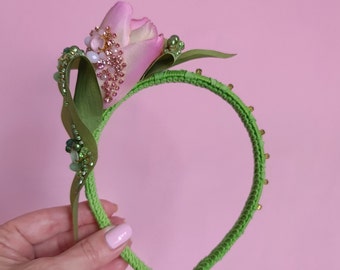 Pink Tulip Headband With Crystals, Light Pink Flower Crown, Pink Tulip Headpiece