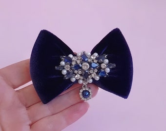 Navy blue velvet Holiday hair bow for girls