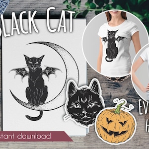 Könnte beinhalten: Ein digitales Illustrationsset mit einer schwarzen Katze mit Flügeln, die auf einem Halbmond sitzt, einem schwarzen Katzenkopf mit einem Halbmond auf der Stirn und einem Kürbis. Der Text "EVERYDAY IS HALLOWEEN!" ist im Bild enthalten.
