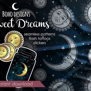 Może przedstawiać: Cyfrowa ilustracja księżyca i słońca z twarzami, gwiazdami i tekstem "Boho Designs Sweet Dreams" na ciemnoniebieskim tle. Tekst pod obrazem brzmi "bezszwowe wzory, tatuaże błyskawiczne, naklejki, natychmiastowe pobranie".