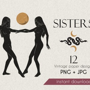 SISTERS Mystic feminine silhouettes, witches and serpents Vintage Paper Designs magic illustrations PNG, JPG digital clip art Commercial use