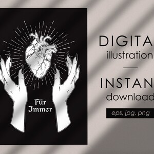 May include: Black and white illustration of two hands holding a stylized anatomical heart with a sunburst behind it. The text "Für Immer" is below the heart.