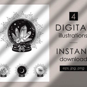 Crystal ball digital cliparts, magic crystal ball witch designs for stickers, print or flash tattoo vector, digital clip art  Commercial use