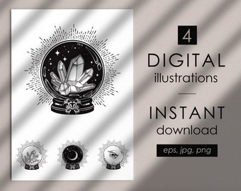 Crystal ball digital cliparts, magic crystal ball witch designs for stickers, print or flash tattoo vector, digital clip art  Commercial use