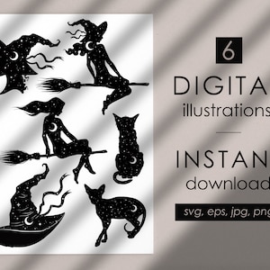 Witches and black cats silhouettes digital illustrations set, witchcraft gothic clipart design vector, Halloween clip art Commercial use