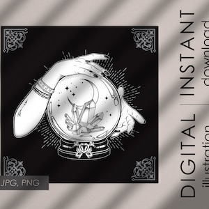 May include: A black and white illustration of a hand holding a crystal ball with a crescent moon and stars inside. The hand is adorned with bracelets.