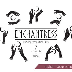 Halbmond in den Händen der Hexe Gothic Designs, Zauberin Magie Illustrationen Cricut SVG, EPS10, PNG, JPG digitale Clip Art Kommerzielle Nutzung