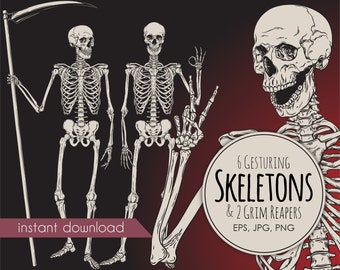 Skeletons digital design clipart, 8 isolated vector Halloween spooky designs, Poster design EPS, JPG, PNG, Commercial use Instant Download