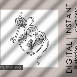 May include: A black and white line drawing of a heart-shaped padlock with a key. The padlock has intricate details and is adorned with a ribbon. The key is ornate and has a decorative handle.