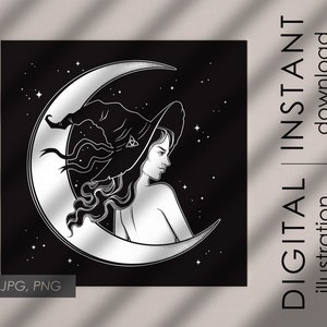 Puede incluir: Una ilustración en blanco y negro de una bruja con un sombrero puntiagudo sentada en una luna creciente. La bruja tiene el pelo largo y suelto y mira hacia un lado. El fondo es un cielo nocturno estrellado.