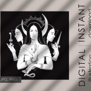 May include: Black and white digital illustration of a woman with three faces. Each face has a different expression and is adorned with a crescent moon. The woman is holding a snake in her hands.