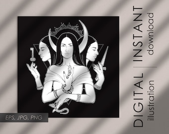 Triple goddess Hecate digital illustration, pagan design for witches, gothic poster, print or tattoo vector digital clip art  Commercial use