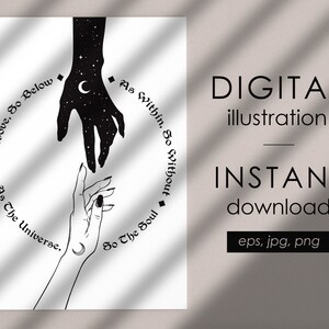 As above so below digital illustration moon witch clipart, wiccan neopagan print or poster design vector, digital clip art  Commercial use