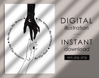 As above so below digital illustration moon witch clipart, wiccan neopagan print or poster design vector, digital clip art  Commercial use