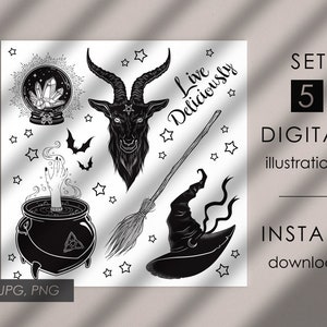 May include: A set of five black and white digital illustrations featuring a witch's hat, a broom, a cauldron with a hand emerging from it, a crystal ball, and a goat's head with horns. The text "Live Deliciously" is written in a cursive font.