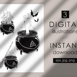 Witch&#39;s brew magic cauldron set digital illustrations, witch boiling cauldron gothic design, EPS10, PNG, JPG digital clip art Commercial use