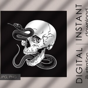 May include: Black and white illustration of a skull with a snake wrapped around it. The snake's head is in the skull's mouth. The image is on a black background.