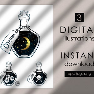 Puede incluir: Tres ilustraciones digitales de botellas de poción con diferentes etiquetas y contenidos. La primera botella está etiquetada como "Dream" y contiene una luna creciente y estrellas. La segunda botella está etiquetada como "Oculus" y contiene tres globos oculares. La tercera botella está etiquetada como "Poison" y contiene una calavera y huesos cruzados.