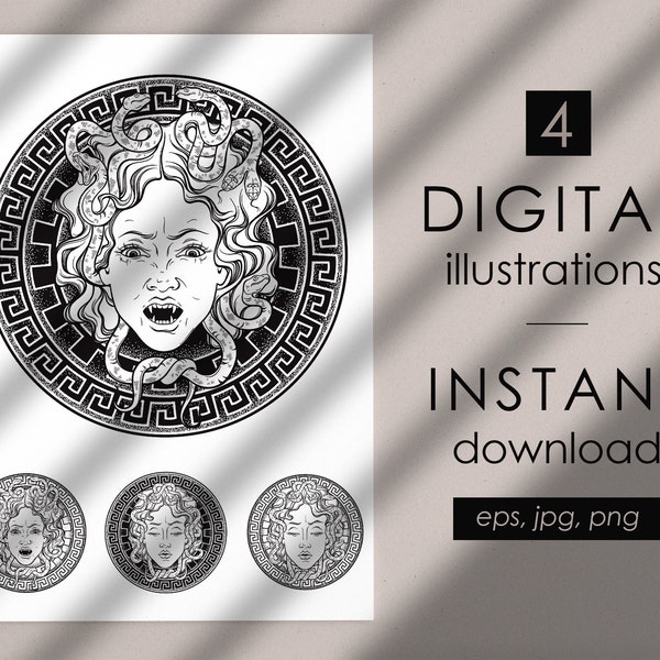 Medusa digital logo design, Ancient greek pagan chthonic monster goddess Medusa Gorgon vector clipart, digital clip art  Commercial use