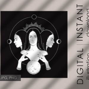May include: Black and white illustration featuring three female figures, a moon, and celestial elements. The central figure is flanked by profiles, all within a circular design. The words "DIGITAL INSTANT download illustration" are vertically aligned on the right. The image also includes "EPS, JPG, PNG".