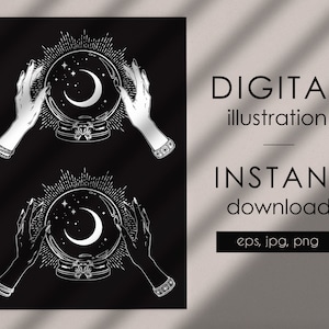 Crystal ball digital illustration, magic crystal ball in hands of witch gothic designs, EPS10, PNG, JPG digital clip art Commercial use