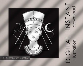 Egyptian queen Nefertiti two digital illustrations clipart, witch tapestry, gothic poster print vector design SVG, clip art  Commercial use